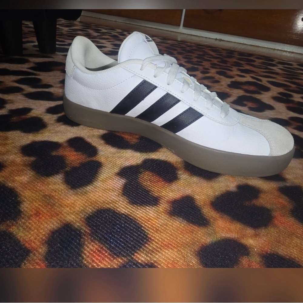 Adidas Men's White Sneakers with Black Stripes and Brown Sole